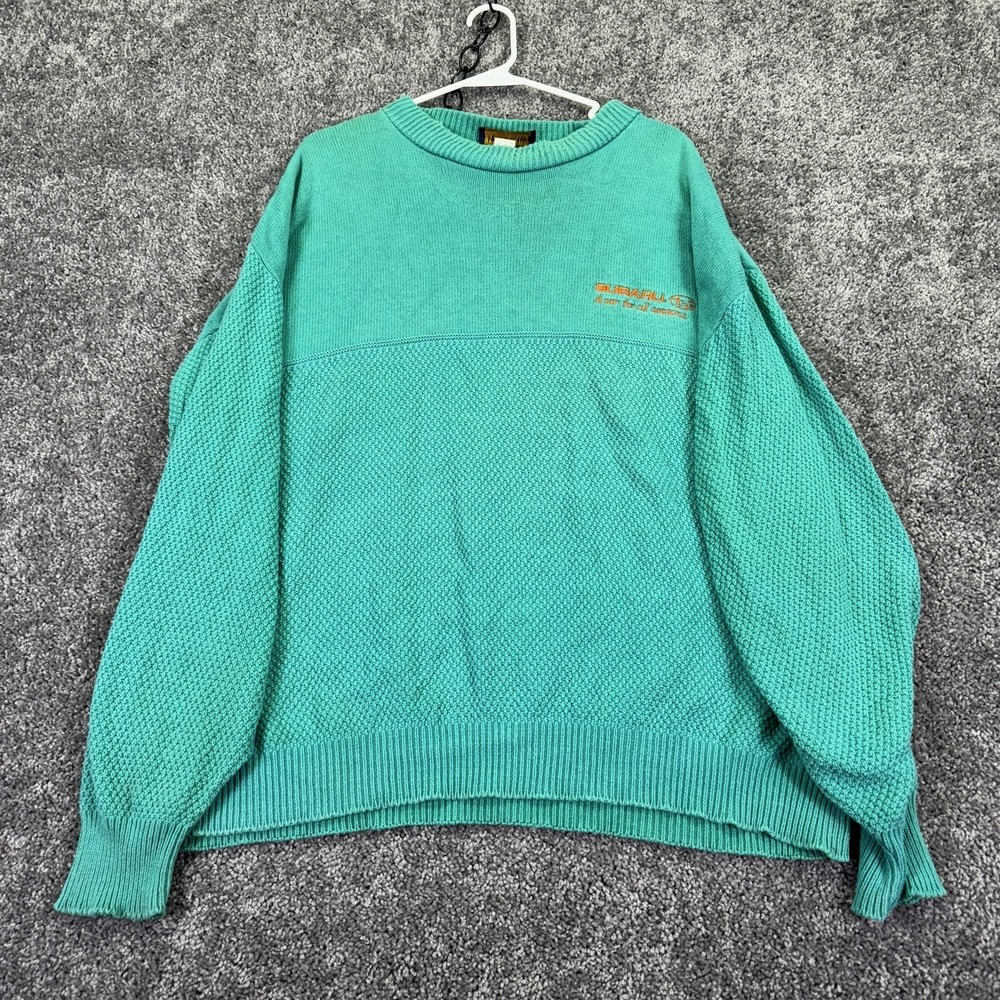 Vintage Andrew Rohan Sweater Mens 2X Green Blue Knit Crew Neck Pullover Subaru